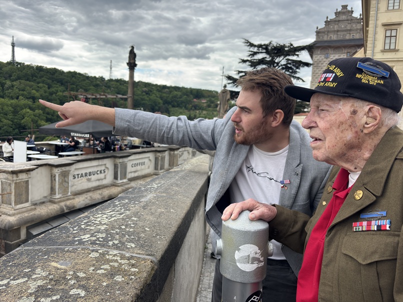 Jiri Kluc showing Harry Humason Prague during a city tour in May 2025.